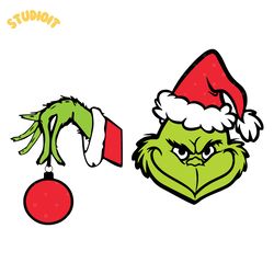 grinch face svg, grinch hand svg, grinch face and hand with ornament, grinch face silhouet