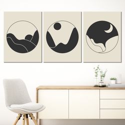 mid century wall art print boho 3 piece line art geometric sun and moon modern decor extra large minimalist poster set b