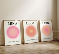 mind body soul aura poster 3 piece wall art, aura energy spiritual gradient set of 3 prints, y2k aesthetic room decor sp