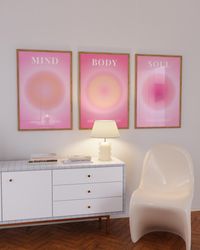 mind body soul positive aura posters set of 3 prints, spiritual gradient 3 piece wall art, y2k aesthetic room decor hot