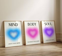 mind body soul retro heart aura poster 3 piece wall art, aura energy spiritual gradient wall art, set of 3 prints y2k ae