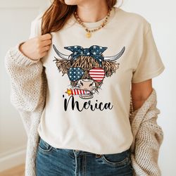 highland cow with 4th of july t-shirt, america t shirt, july 4th shirt, fourth of july shirt, american flag t-shirt