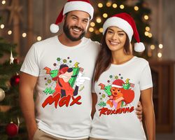 custom couple hiroxanne her max retro merry christmasanta hat shirt family match,tshirt, shirt gift, sport shirt