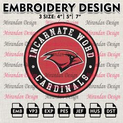 ncaa incarnate word cardinals embroidery design, machine embroidery files in 3 sizes for sport lovers, ncaa team logo