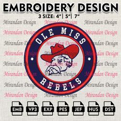 ncaa ole miss rebels embroidery design, machine embroidery files in 3 sizes for sport lovers, ncaa teams