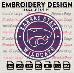 ncaa kansas state wildcats embroidery design, machine embroidery files in 3 sizes for sport lovers, ncaa teams logo