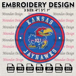 ncaa kansas jayhawks embroidery design, machine embroidery files in 3 sizes for sport lovers, ncaa teams logo