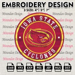 ncaa lowa state cyclones embroidery design, machine embroidery files in 3 sizes for sport lovers, ncaa teams logo