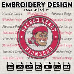 ncaa sacred heart pioneers embroidery design, machine embroidery files in 3 sizes for sport lovers, ncaa teams logo