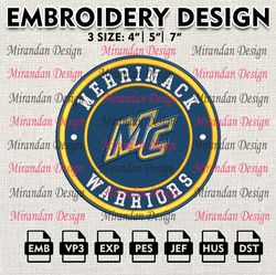 ncaa merrimack warriors embroidery design, machine embroidery files in 3 sizes for sport lovers, ncaa teams logo