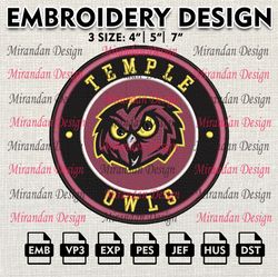 ncaa temple owls embroidery design, machine embroidery files in 3 sizes for sport lovers, ncaa teams logo