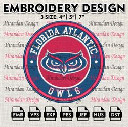 ncaa florida atlantic owls embroidery design, machine embroidery files in 3 sizes for sport lovers, ncaa teams logo