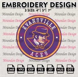 ncaa evansville purple aces embroidery design, machine embroidery files in 3 sizes for sport lovers, ncaa teams logo