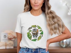 cool skull chill t-shirt, tropical leaf skull graphic shirt, unique summer vibes shirt, hipster skull art t-shirt