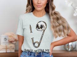 skull safety pin graphic shirt, safe with me t-shirt, punk rock skull shirt, edgy safety pin graphic shirt, unique skull