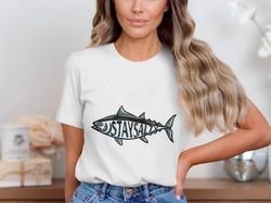 stay salty tuna graphic t-shirt, fun fish design shirt, casual fishing shirt, sea lifestyle apparel, cool coastal wear