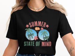 summer state of mind graphic t-shirt, retro sunglasses beach vibe shirt, palm tree vacation shirt, fun summer top