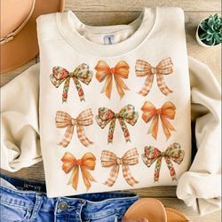 retro fall pumpkin bow shirt, fall coquette bow shirt, fall shirt shirt, autumn pumpkin shirt