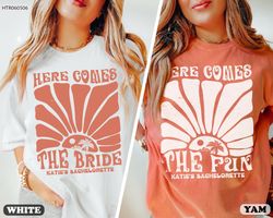 bachelorette party shirts, here comes the bride bachelorette shirts, retro bride bridesmaid shirts, groovy bachelorette