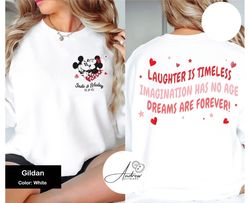 custom two sided mickey and minnie heart laughter is timeless shirt, disney coup