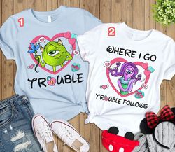 googly bear and schmoopsie poo couple shirts  monsters inc where i go trouble fo