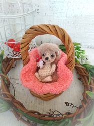 crocheted hedgehog with wicker basket. small stuffed animal hedgehog toy amigurumi. tiny animal gift in basket.