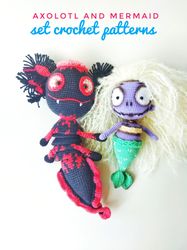 set of two crochet patterns- interesting zombie toys of aquatic animals zombie mermaid and zombie axolotl amigurumi toy