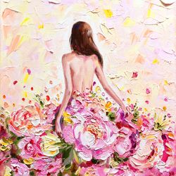 girl and peonies flowers oil painting on canvas textured original art handmade