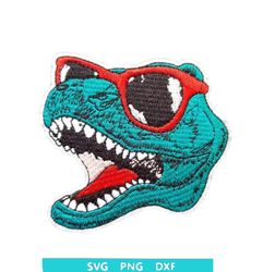 dinosaur t rex face with red sunglasses head embroidered