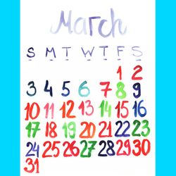 march 2024 watercolor lettering cozy doodle calendar | march 2024 cute colorful painted calendar (sketch style)