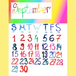 september 2024 watercolor lettering bright calendar | september 2024 colorful painted calendar (sketch style)