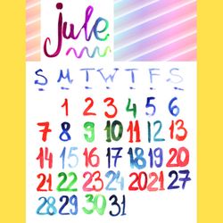 jule 2024 watercolor lettering drawing calendar | colorful painted handlettering calendar (sketch style)