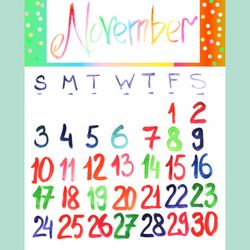 november 2024 watercolor lettering cozy calendar | november 2024 cute colorful painted calendar (sketch style)