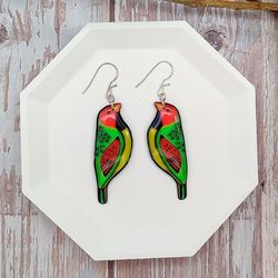 joyful amadin bird dangle earrings - handcrafted resin jewelry, colorful yellow green red bird accessories for nature lo
