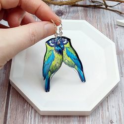 green jay bird dangle earrings - handmade resin jewelry, lightweight and colorful gift for bird lovers