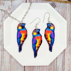 vibrant gouldian finch bird dangle earrings - handcrafted colorful resin jewelry, perfect gift for bird lovers