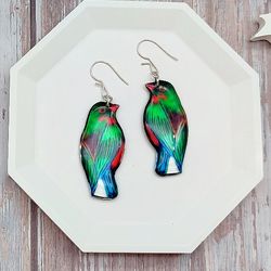 handmade cheerful bird earrings: lightweight green, red, and blue resin birds