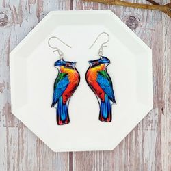 exotic handcrafted colorful turaco bird resin earrings lightweight nature-inspired jewelry