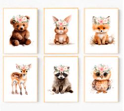 girls nursery decor girls woodland animal prints nursery prints nursery wall art forest baby animals flower crowns print