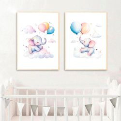 nursery decor elephant with balloons nursery art print set of 2 watercolor elephant print cute nursery poster wall art