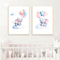 watercolor elephant with balloons nursery decor set of 2 elephant nursery print pastel nursery wall art nursery poster