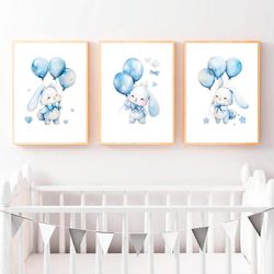 boy nursery decor wall art nursery art print set of 3 bunny print watercolor bunny with balloons baby boy room decor