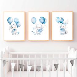 nursery print boy nursery decor wall art set of 3 watercolor bunny print bunny with balloons baby room wall decor poster