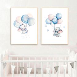 watercolor elephant with balloons nursery prints boy digital download nursery wall art decor set of 2 baby room poster