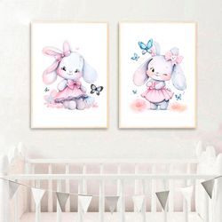 girls nursery decor wall art set of 2 nursery art print watercolor bunny with butterflies kids poster baby girl room art