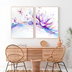 watercolor abstract painting abstract flower art print modern abstract wall art set of 2 prints purple flowers printable