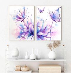 watercolor abstract flowers painting art print set of 2 butterfly prints purple flowers bedroom living room wall art