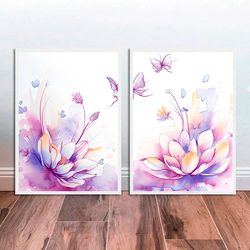 abstract flowers watercolor paintings art print set of 2 prints lotus flower wall art flowers butterfly illustration