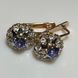ussr malinki earrings solid rose gold 14 kt 583 with sapphire soviet earrings