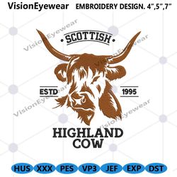 scottish highland cow embroidery digital files, 1995 scottish highland cow machine embroidery design, highland cow downl